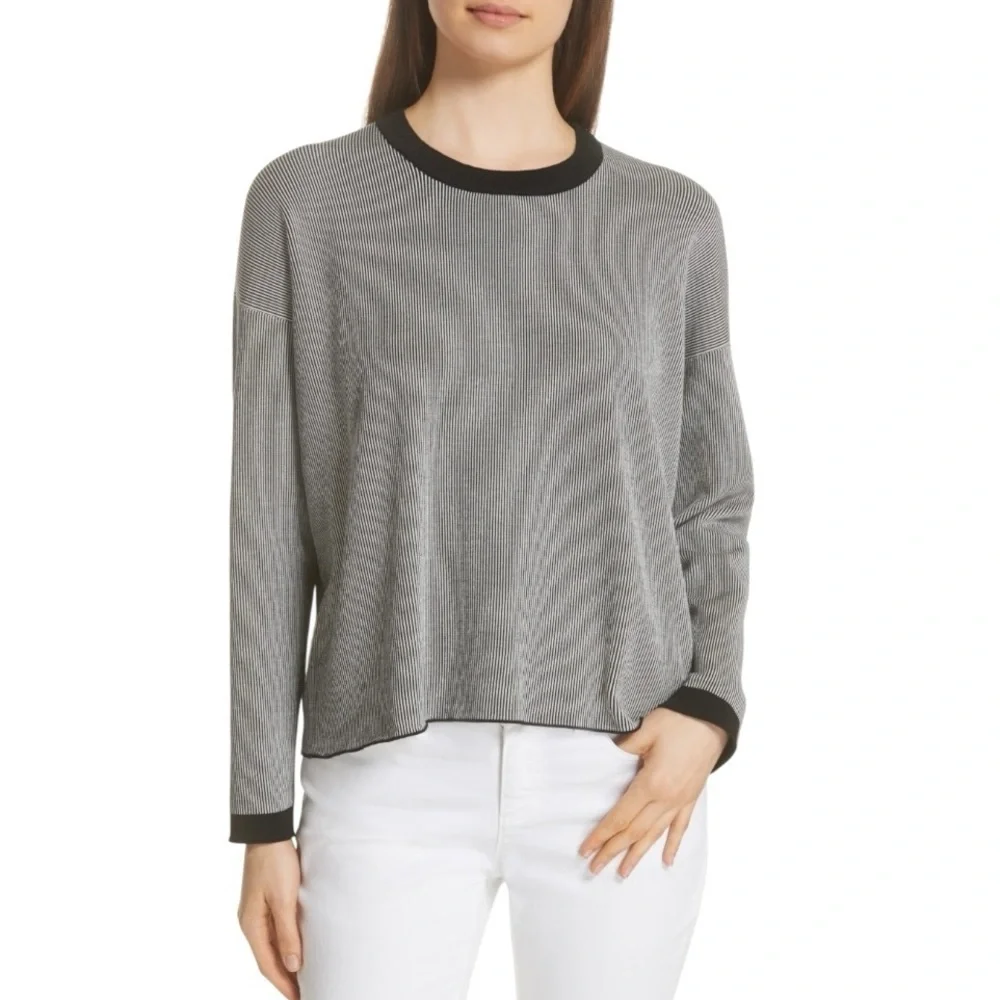 Eileen Fisher Black & White Mens Ringer Crew Neck Oversized Sweater Women Medium - Picture 3 of 10